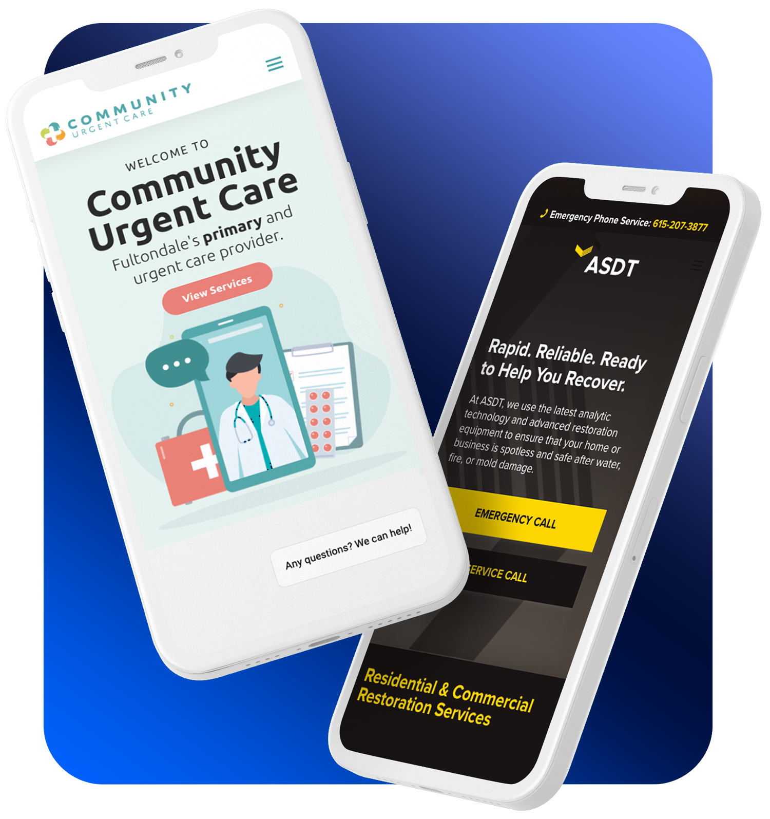 Two smartphones displaying Community Urgent Care and ASDT emergency services websites on blue gradient background.