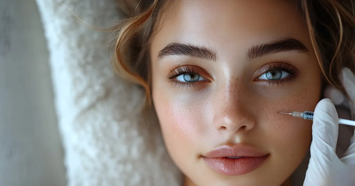 Close-up of a woman with blue eyes receiving a cosmetic cheek injection from a gloved clinician