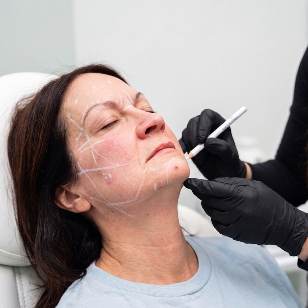 Woman receiving facial cosmetic markings for chin and jawline procedure, practitioner drawing guidelines with a white pencil.