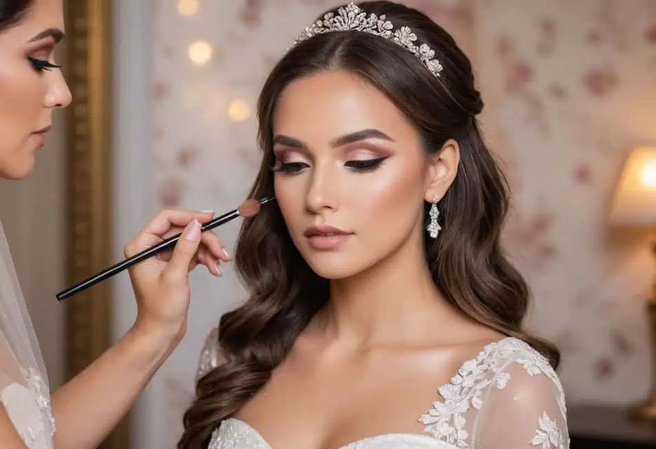 Bride having makeup applied with brush, wearing tiara and lace wedding gown, soft glam bridal look