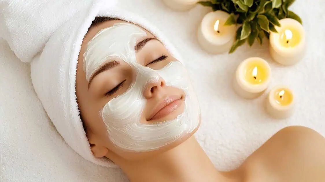 Woman with white facial mask and towel headwrap relaxing at spa with lit candles