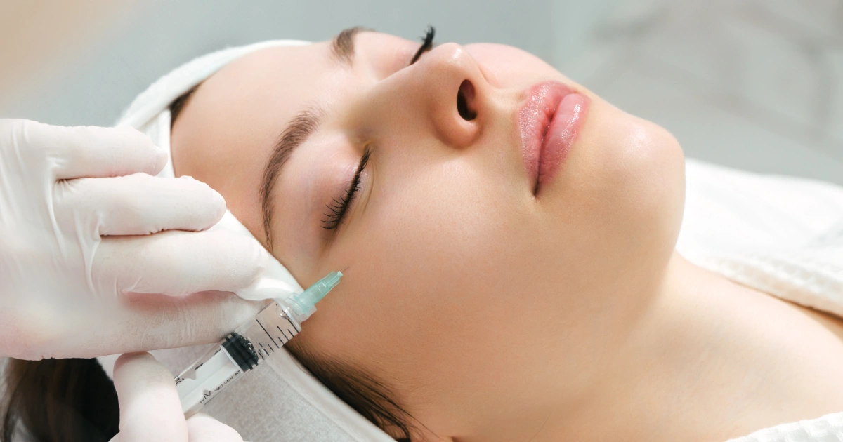 A woman receiving a dermal filler injection to the cheek from a gloved medical professional