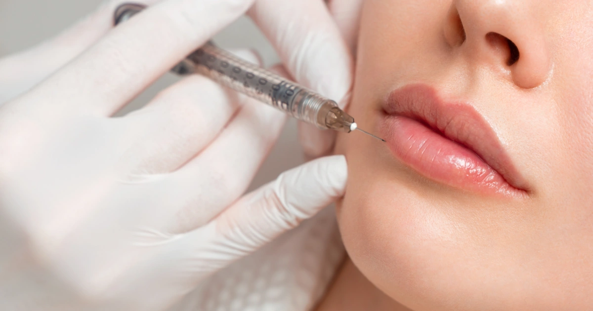 Close-up of a woman receiving lip filler injection with syringe and gloved hands